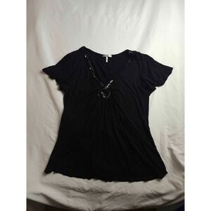 Metro7 Shirt Top Womens Size 16W Black Sequins Trim Short Sleeve Keyhole Neck
